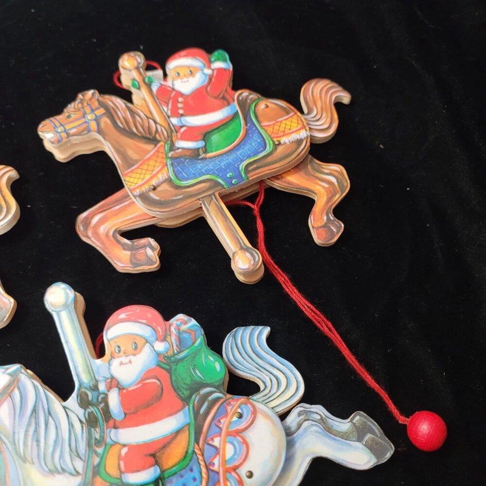 Vintage Carousel Horse with Santa, Germany, Wooden Pull String Jumping Toy #4‎
